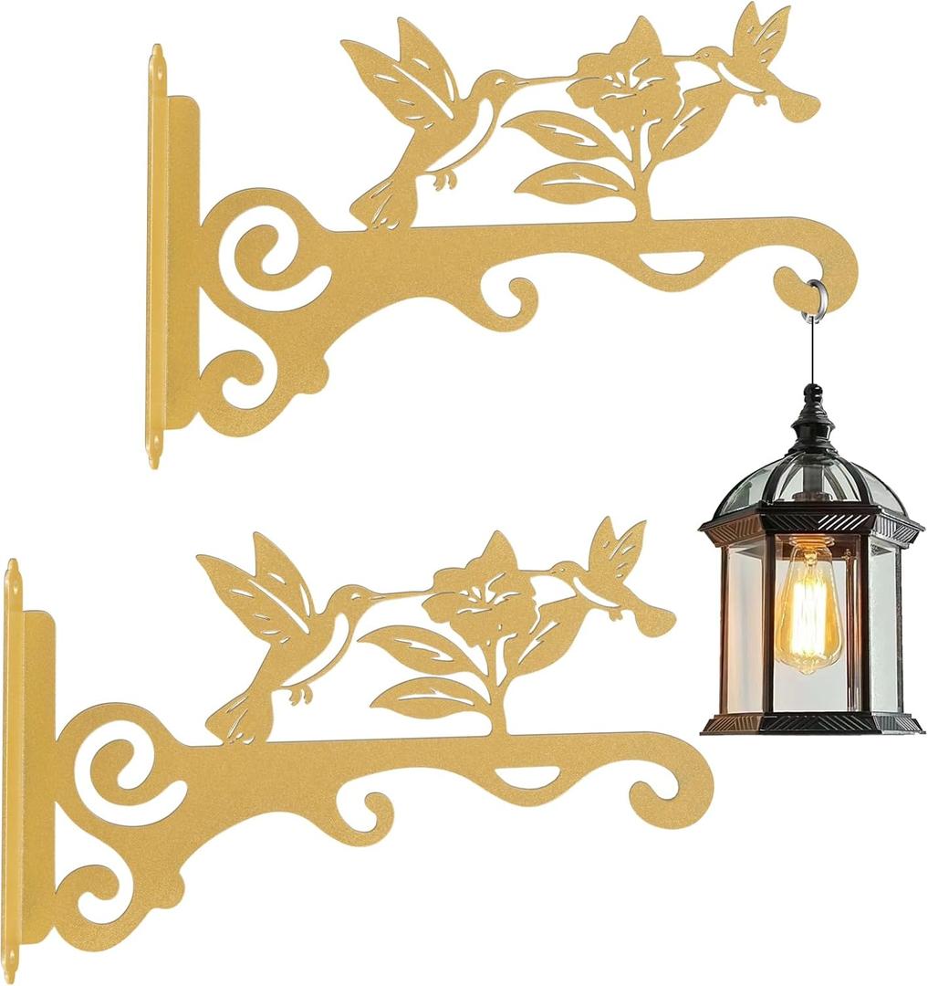 Elegant Bird Pattern Wall Hooks - 10/12/14 Inch Metal Plant Hangers for Indoor & Outdoor - Rust-Resistant Bracket for Plants, Feeders, Chimes, Lanterns (2, Gold, 10 inch)