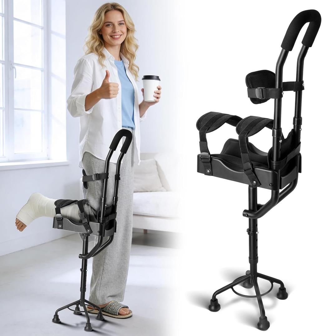 Hands Free Knee Crutch for Adults, Adjustable Kneepad, Four-Corner Non-Slip Base, Lightweight Aluminum, Left/Right Leg Support for Foot & Ankle Surgery Recovery, Crutch & Knee Scooter Alternative