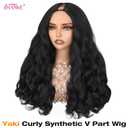 HANNE Yaki Curly V Part Wig U Part Synthetic Half Wigs for Black Women 22 Inch Heat-Resistant Hair Replacement Wig (Natural Black)