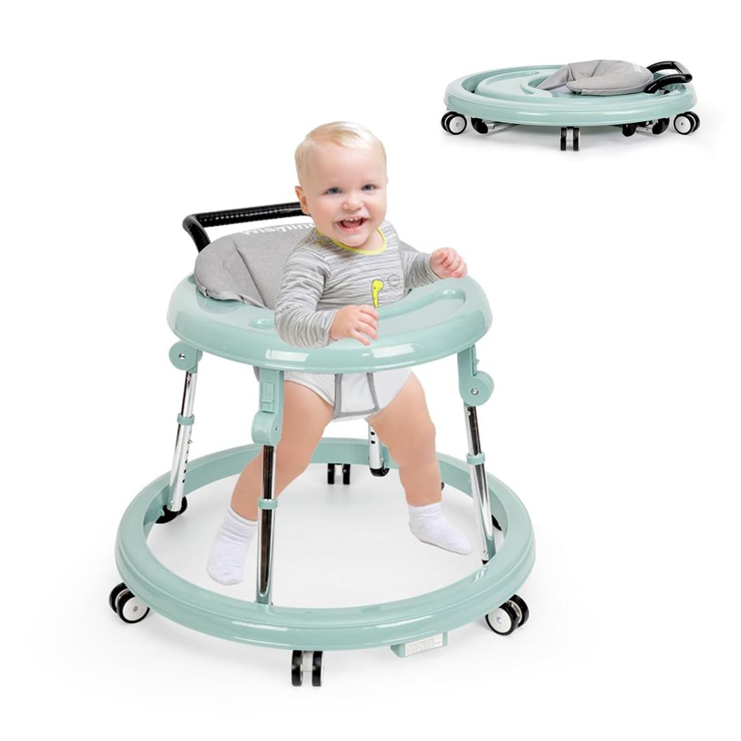 Wismind Baby Walker Foldable with 9 Adjustable Heights, Baby Walkers for Boys Girls Babies 7-18 Months, Baby Walker with Wheels Portable Grey Green), Large