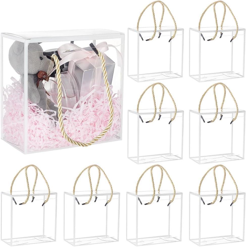 BENECREAT 10 Set Transparent Favor Boxes, 5.5x5.5x3 Inch Treat Gift Boxes with White Border Lace and Handle for Candy Chocolate, Party Favors, Christmas Gift Packaging