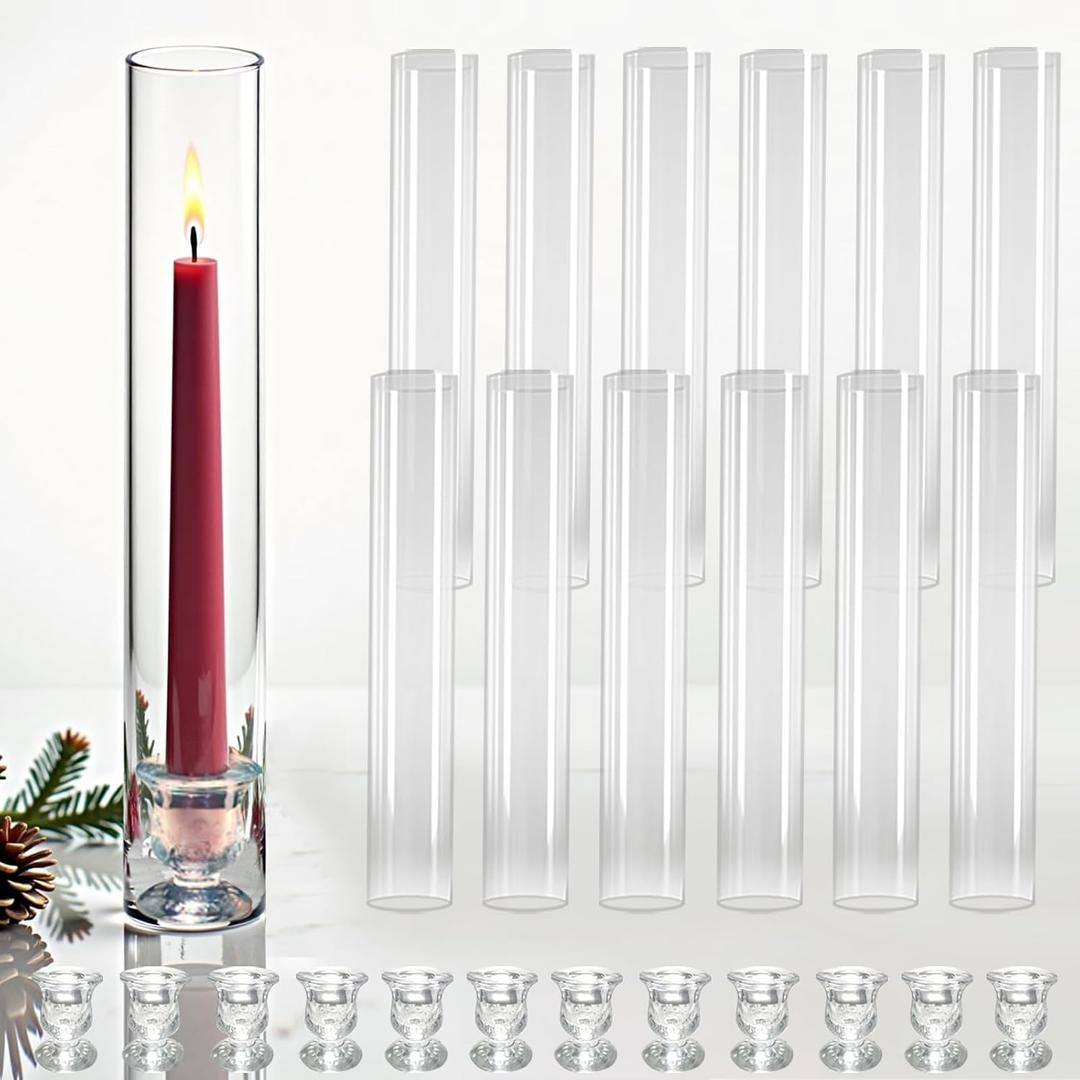 12-Pack Glass Hurricane Candle Holders - 13.78 Tall Clear Tube for Pillar Candles, Reusable Wedding/Event Centerpieces with 2.36" Taper Candlesticks Holder - Open-Ended Design Windproof Candle Holders