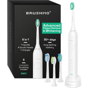 Brushmo Super Sonic Electric Toothbrush with 4 Replacement Heads - Rechargeable Electronic Tooth Brush for Adults with 5 Customizable Modes - IPX7 Waterproof & Long-Lasting Battery - White (4 Count (Pack of 1))