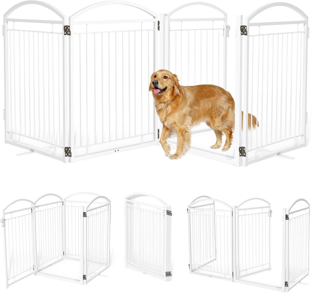 Full Metal Free Standing Dog Gate with Door for Outdoor Indoor,96'' Extra Wide 32'' Tall Dog Gates for Doorways,Large Openings,Decks,Porch,Freestanding Portable Pet Fence(4 Panels,Black) (White)