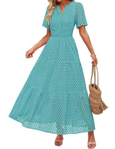 ZESICA Women's 2026 Summer Short Sleeve Maxi Dress Casual V Neck Hollow Out Eyelet Ruffle Swing A Line Long Dresses,Aqua,Large