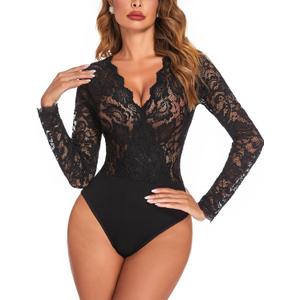 Avidlove Lace Bodysuit for Women Sexy Long Sleeve V Neck Body Suits Going Out Tops Snap Crotch One Piece Teddy Lingerie (Large, Black)