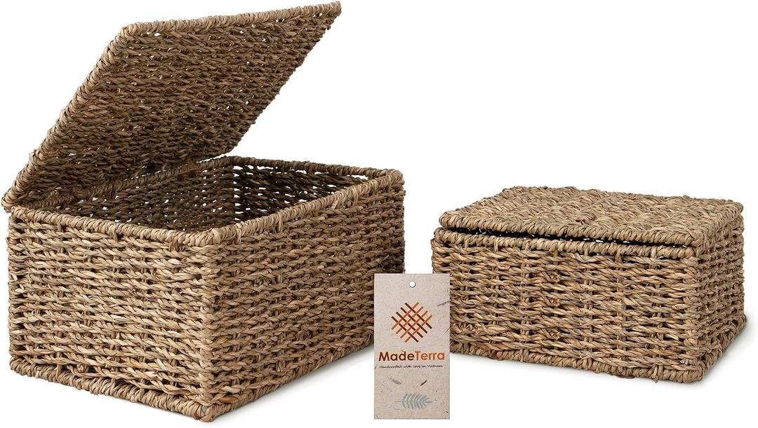 Small Nesting Wicker Cube Storage Boxes with Lids and Metal Steel Frame, Set of 2 Straw Wire Woven Square Storage Basket Organiser for Home, Kids, Toys, Small Items
