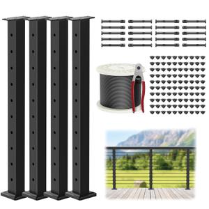 4-12ft Complete Set 35" Stainless Steel Cable Railing Post Kits, 4 Pack Black Top Mount Level Line Post with Grommets for Deck Railing Systems, 161ft Wire Rope, Indoor & Outdoor Use, MY07-LP (Level Post Kits -4p)