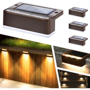 SOLPEX Solar Fence Lights, 6 LEDs Solar Lights Outdoor Waterproof Solar Powered for Deck, Stair, Front Porch, Balcony, Walkway, Garden, Yard, Patio, Pool Decor, IP65 Waterproof (4 Pack, Warm White) (Brown)