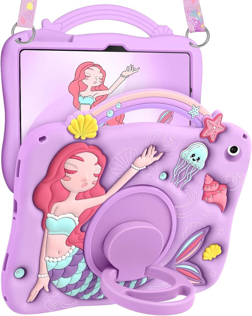 Boaretiu for Galaxy Tab A9 Plus Case - Cute Cartoon Mermaids Soft 3D Silicone for Samsung A9 Plus Tablet Case with Strap & Rotating Stand Girls Teens Tab A9+ 11 Inch Tablet Cover (Purple)
