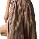 calbatic Women Striped Button Down Pleated Shirt Dress Summer Short Sleeve Ruffle A Line Swing Long Blouse Midi Long Dress (XL)