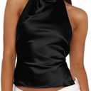 Women Satin Halter Tops Going Out Tank Top Mock Neck Backless Open Back Summer 2026 (Small, Black)