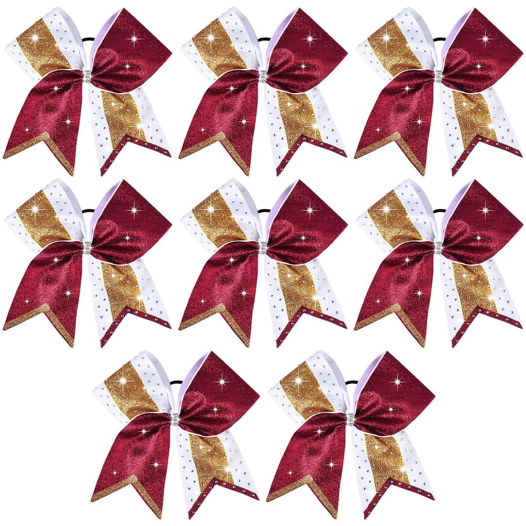 8 PCS Large Glitter Cheer Bows 8" Rhinestones Hair Bows Sparkly Cheerleading Softball Team Bow Hair Ponytail Holder Accessories for cheerleaders football Competition Sports- Maroon Gold