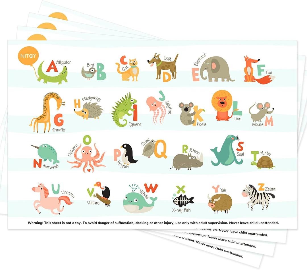 Disposable Placemats for Baby 40 Pack Stick-On Baby Placemat Alphabet ABC Animal Kids Table Mat for Restaurants Dining Table Travel Essentials for Toddlers, Multicolor