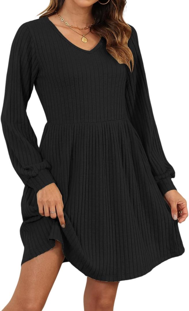 AUSELILY Womens Fall Dress 2025 Long Sleeve V Neck Short Dress Lightweight Casual Knit Sweater Dresses with Pockets (Small, Black)