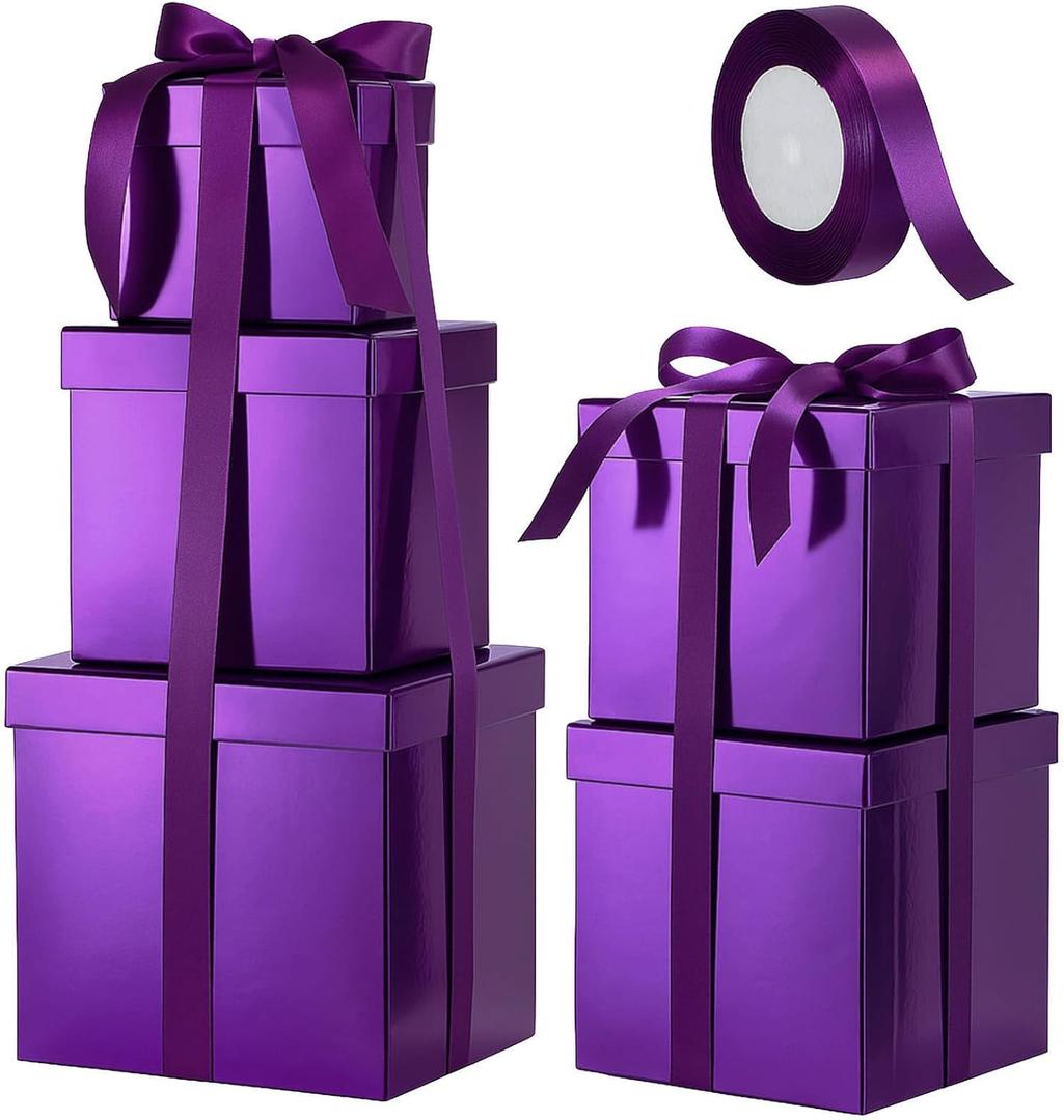Cholemy 5 Pcs Square Nesting Boxes Decorative Gift Boxes with Lid and Ribbon Assorted Sizes Wrap for Valentines Day, Engagement, Anniversary, Birthday, Bridal Shower Party Gifts(Purple)