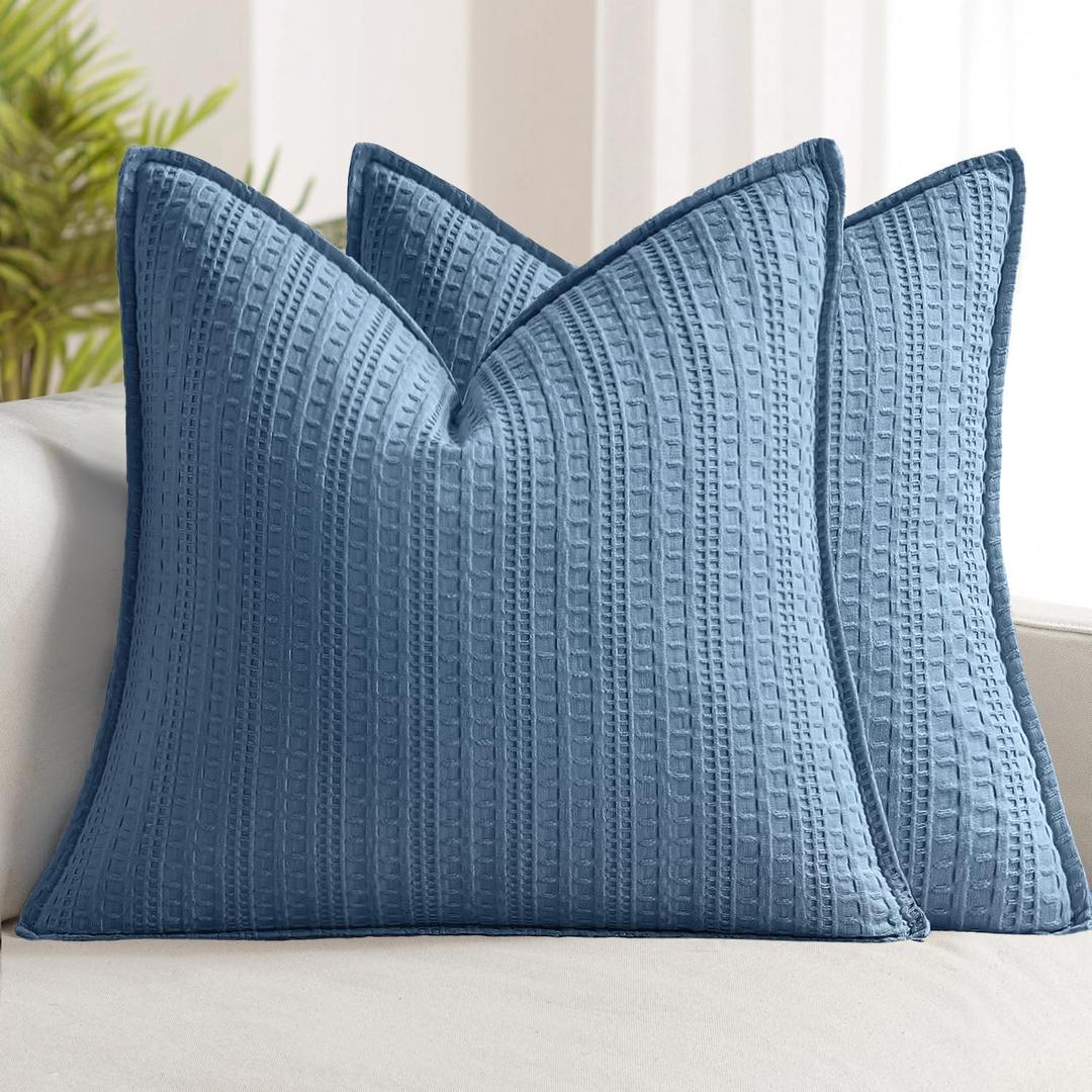 Set of 2 Decorative 100% Cotton Waffle Euro Sham Pillow Covers 26x26, Neutral Coastal Soft Throw Pillows Weave European Cushion Cases for Couch Sofa Bed Modern Farmhouse Home Decor, Blue