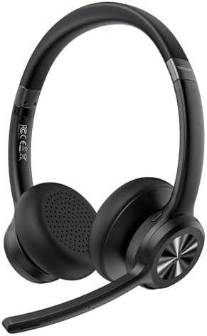 TECKNET Wireless Headset, Bluetooth Headset with AI Noise Cancelling Microphone - Rechargeable Bluetooth V5.2 Headphones, 50H Playtime & Mic Mute, On Ear Headphones for Trucker/Remote Work/Call Center