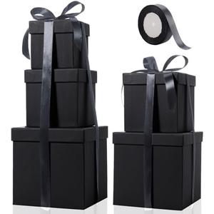 Cholemy 4 Pcs Square Nesting Boxes Decorative Gift Boxes with Lid and Ribbon Assorted Sizes Wrap for St. Patrick's Day, Carnival, Anniversary, Birthday, Bridal Shower Party Gifts(Black)