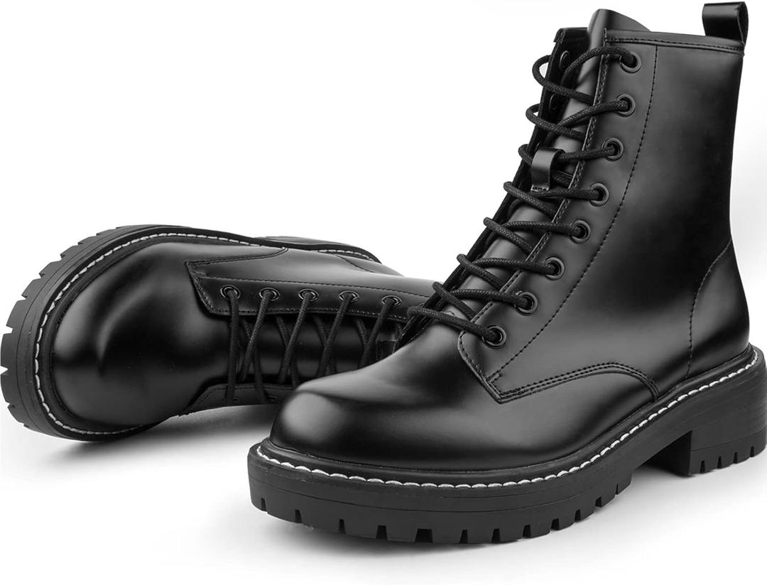 ICHIGO Womens Fashion Ankle Booties Causal 8-Eye Side Zipper Lace-up Combat Boots (9.5, Black)