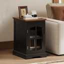 ChooChoo Farmhouse End Table with Charging Station, Nightstand with Adjustable Shelf and Glass Door, Black Side Table for Living Room, Bedroom