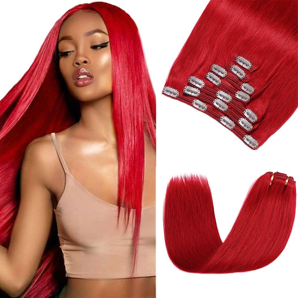 RED Clip in Extensions Human Hair 12 Inch RED Straight Clip in Seamless Extensions Human Hair Skin Weft Seamless Invisible Unprocessed Brazilian Virgin Remy Hair 120g