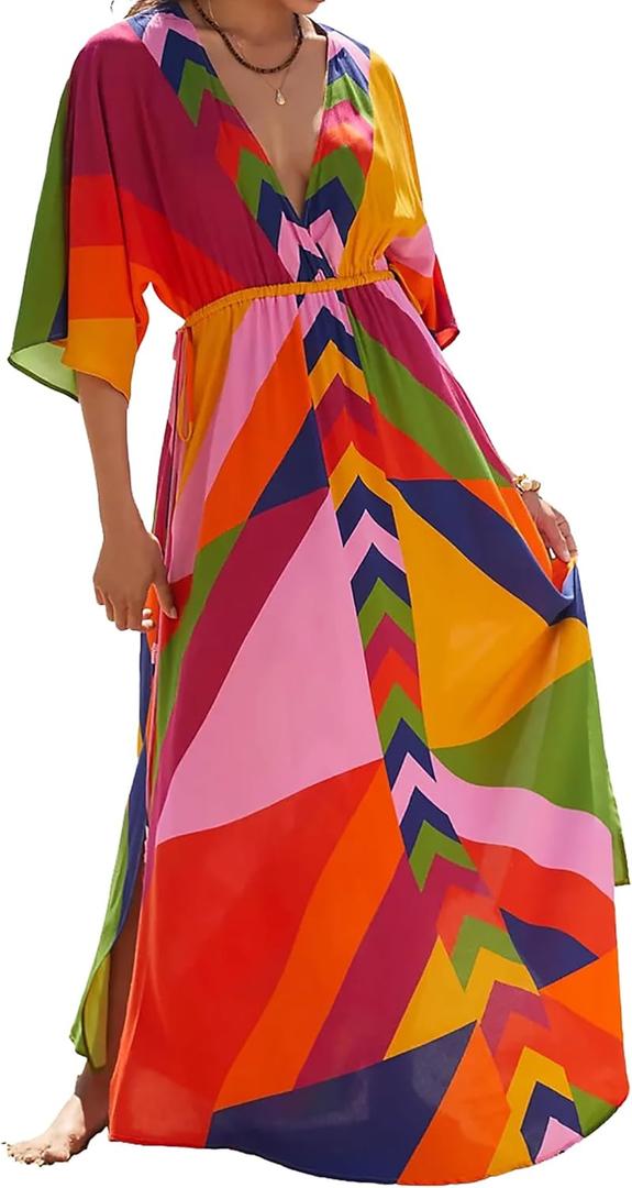 Bsubseach Kaftan Dresses for Women Bathing Suit Cover Up Beach Caftan with Drawstring (One Size, Colorful Geometric)