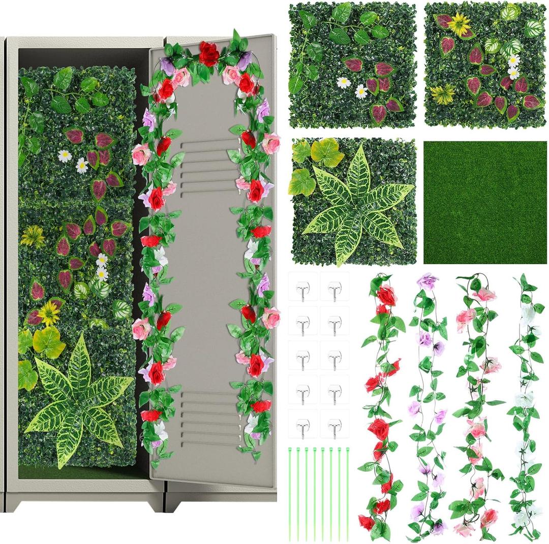 20 Pcs Locker Decoration Kit, Fake Grass Decor for DIY Locker, Artificial Grass Wall Panel Rug, Vines Decor, Hooks, Back to School Essentials (Flower)