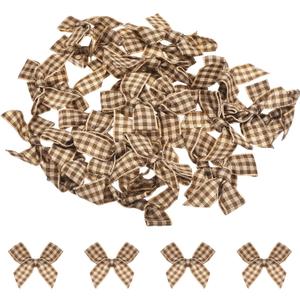MECCANIXITY 30Pcs Mini Gingham Ribbon Bow 1.5" Checkered Fabric Satin Ribbon Bows for Craft DIY Hair Bow Sewing Wedding Birthday Party Brown and Light Yellow