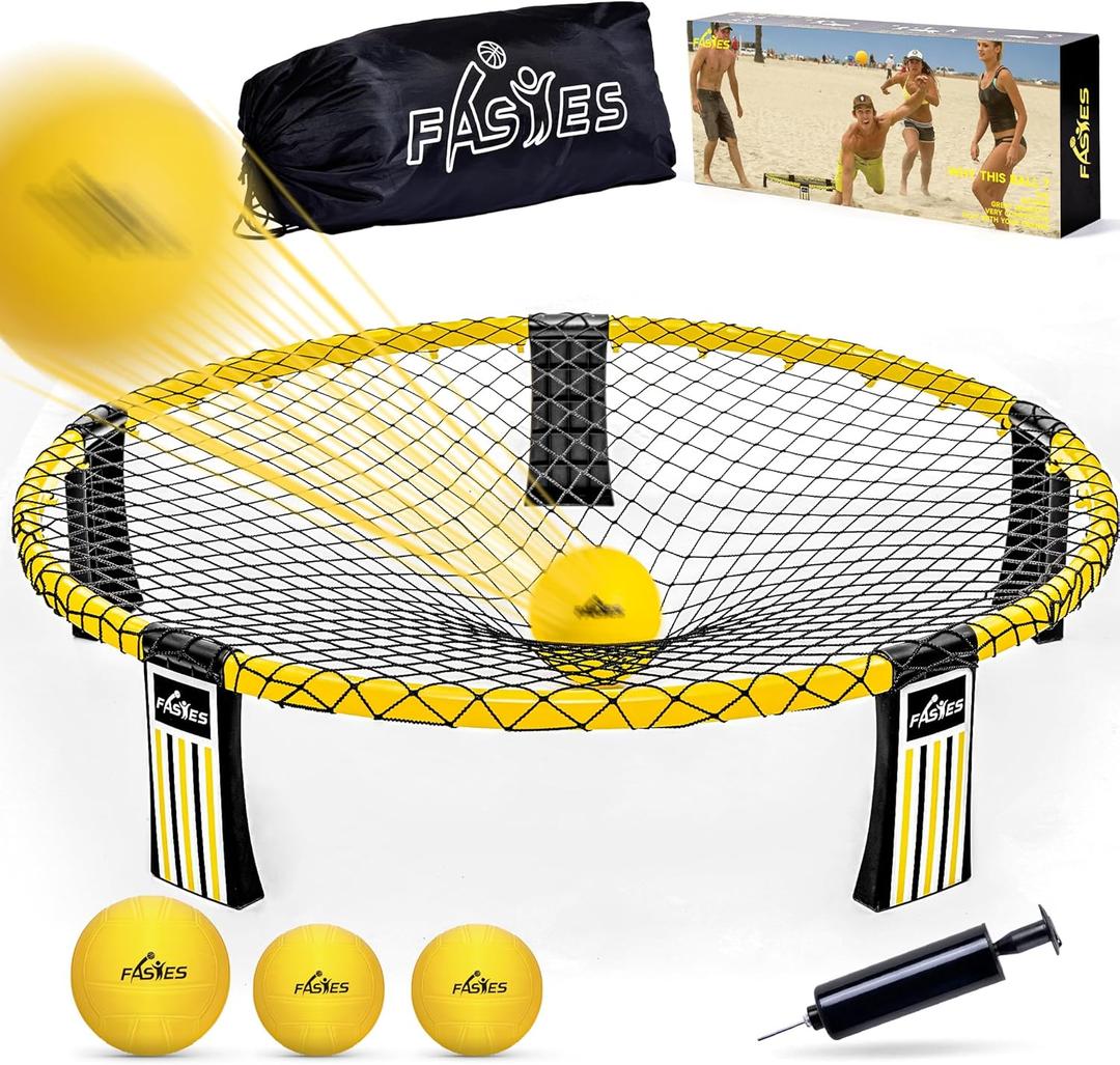 Outdoor Beach Ball Game Includes 3 Balls, Net and Carrying Bag -Roundnet Game Set for Adults, Kids, and Family - Perfect for Beach, Yard, Lawn, Backyard, and Park (Yellow)