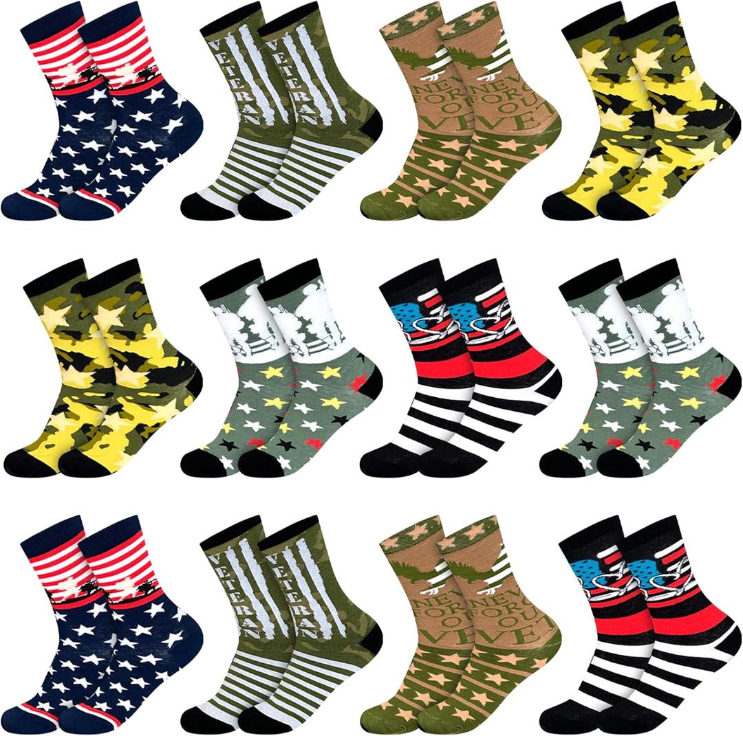 12 Pairs Christmas Veteran Socks for Men Christmas Army Gifts for Men Novelty Camo American Flag Crew Socks Military Veterans Day Socks for Xmas Holiday Patriotic Army Navy Airman Gifts