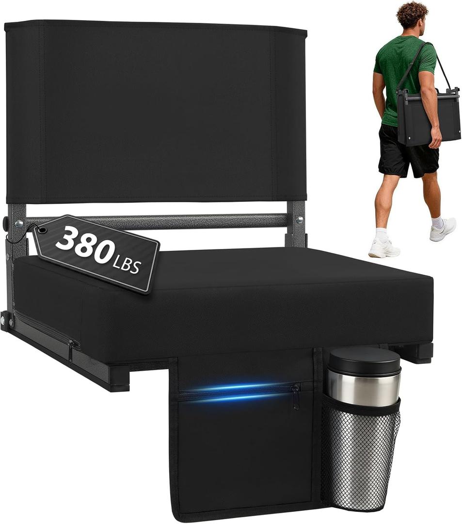 Stadium Seats with Back Support, Thick Padded Portable Bleacher Seat with Handle, Bleacher Chairs with Back and Cushion for Football Baseball Events Black