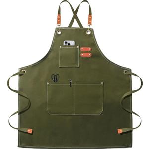 Chef Apron for Men Women Canvas Aprons with 3 Pockets Cross Back Resistant Work Apron for Cooking (Green)