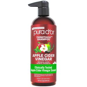 PURA D'OR Apple Cider Vinegar Thin2Thick Shampoo - Biotin, Castor Oil for Reduced Frizz, Split Ends, Clarifying & Detox, No Parabens, No Sulfates, All Hair Types, Men & Women 16 Fl Oz