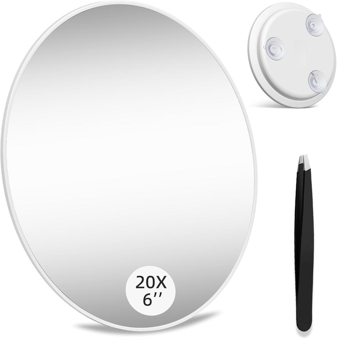 Large 6" 20x Magnifying Mirror with Tweezers, Travel Magnified Makeup Mirror with Suction Cups, 20x Magnification