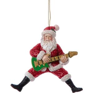 Kurt Adler Santa with Green Guitar Ornament, 4.5, Red