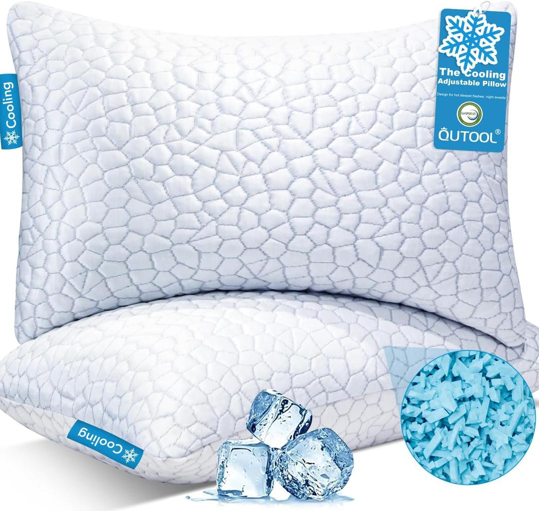 QUTOOL Cooling Bed Pillows for Sleeping Shredded Memory Foam King Pillows 2 Pack Gel Pillows King Size Set of 2, Support Yet Soft Adjustable Pillow for Side, Back Sleepers (White-cooling Basic)