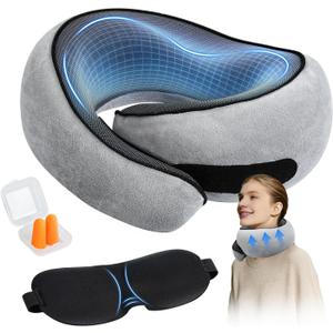 SYNNA Travel Neck Pillow for Airplane & Car, 360 Head and Chin Support, Ergonomic Memory Foam with Silky-Smooth Breathable Washable Cover for Flights, Road Trips & Office Naps