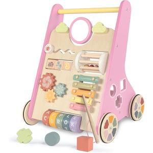 LOL-FUN Wooden Baby Walker With Wheels for Girls 12 Months - Pink Push Toy for 1 Year Old Walking