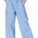 Rolanko Parachute Pants for Girls Y2K Cargo Trousers with Pockets Harajuku Jogger Pants Kids (10-12, Darkblue)
