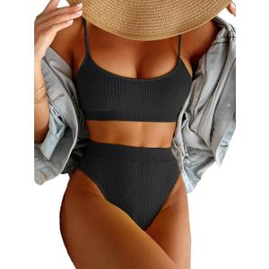 Lilosy High Waisted Tummy Control Ribbed Bikini Crop Top Brazilian Swimsuit Set 2 Piece (Medium, Black)