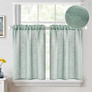 MIULEE Cafe Curtains 36 Inch Length Semi Sheer Light Filtering Half Window Farmhouse Short Linen for Kitchen Bathroom Basement, Rod Pocket Tier 2 Panels W26XL36, Sea Green