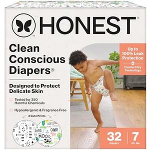The Honest Company Clean Conscious Diapers for Delicate Skin | Up to 100% Leakproof | Hypoallergenic, Fragrance Free | Gender Neutral | Club Box, Size 7 (41+ lbs), 22 Count (Prints May Vary)