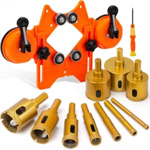 THINKWORK Diamond Drill Bits, Dry/Wet Brazing Hollow Drill Hole Saw Kit, 12 PCS Tile Opener (1/4"-2) with Double Suction Cups Hole Saw Guide Jig, Suitable for Glass, Ceramic, Tile, Marble, Porcelain