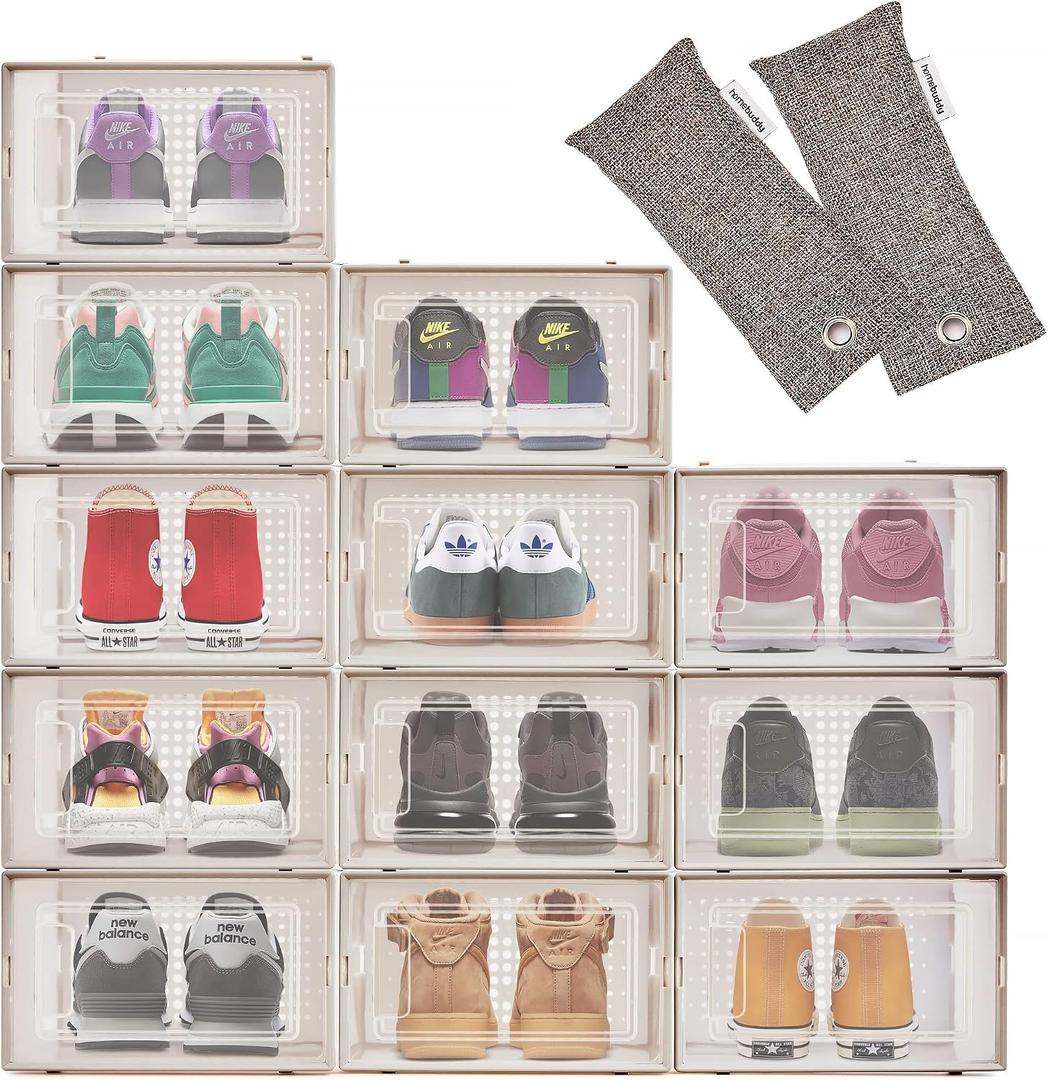 HomeBuddy Shoe Organizer Box - 12 Pack Shoe Box, Stackable Sneaker Storage, Sturdy Shoe Containers with Back Ventilation, Clear Shoe Boxes - Bamboo Charcoal Deodorizers Included