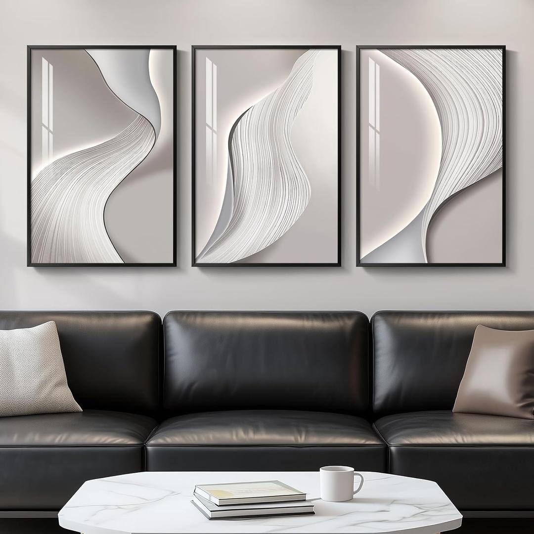 3 x Framed Modern Abstract Wall Art, 3 Piece Minimalist Bright Style Prints Paintings Artwork for Walls, Silver Gray Contemporary Luxury Pictures for Living Room Bedroom Dining Room Wall Decor 16x24 In