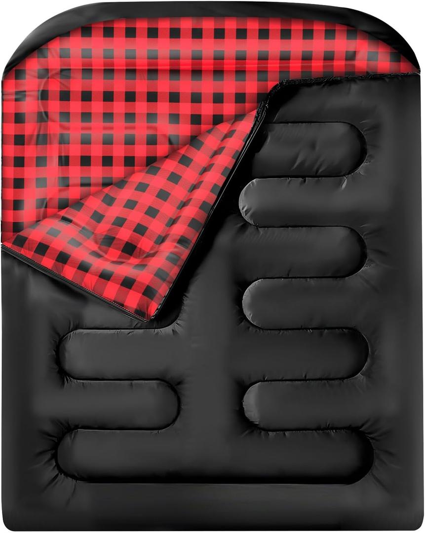 Double Sleeping Bags for Adults, Queen Size 2 Person All Season for Warm & Cold Weather | Fits Kids 10-12 (Girls & Boys) - Lightweight & Waterproof Camping Essentials for Hiking, Backpacking (Black)