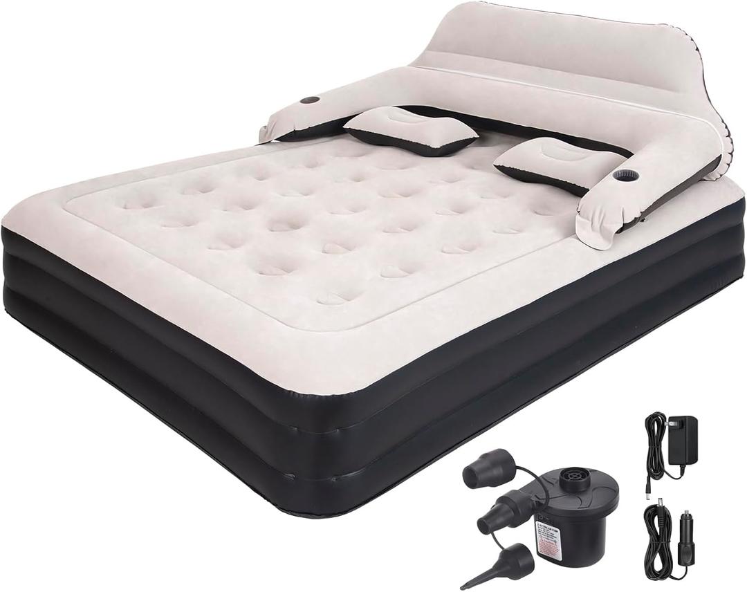 Queen Size Air Mattress with Adjustable Headboard and Pump, Inflatable Bed Blow Up Mattress
