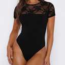 Saslax Women's Lace Bodysuit Crew Neck Short Sleeve Sheer Sexy Slim Fit Going Out Top for Concert Date Night Club Black M