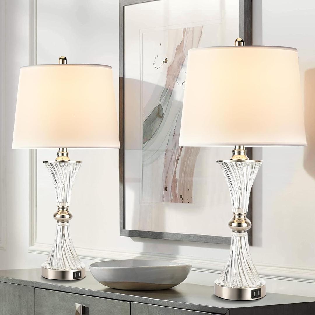 Hamucd Touch Control Table Lamp for Bedrooms 3 Way Dimmable White Drum Shade Modern Bedsides Nightstand lamp Set of 2 with 2 USB Charging Port(Bulbs Included)